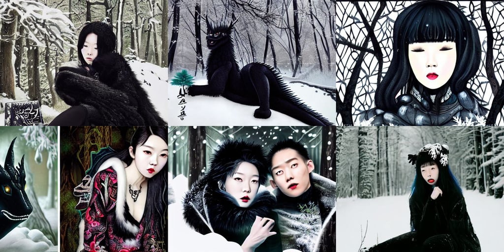 handsome cute black dragon in snowy forest, jeehyung lee, art nouveau alien botanicals, unreal enginedigital painting, stained stickers, scene girl, cinestill 8 0 0 t, sitting next to each other, close-up!!!!!