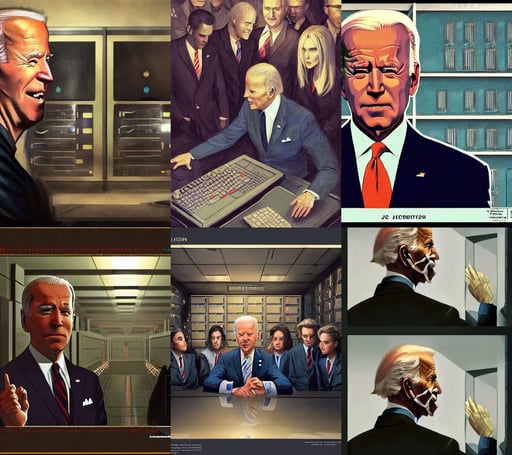 Joe Biden is the final girl, digital paining, in a highly detailed server room with computers everywhere, by krenz cushart, medium close - up ( mcu ), mask for a secret society, style by Wes Anderson, cinematic trending on artstation in the style of greg rutkowski, warm tones