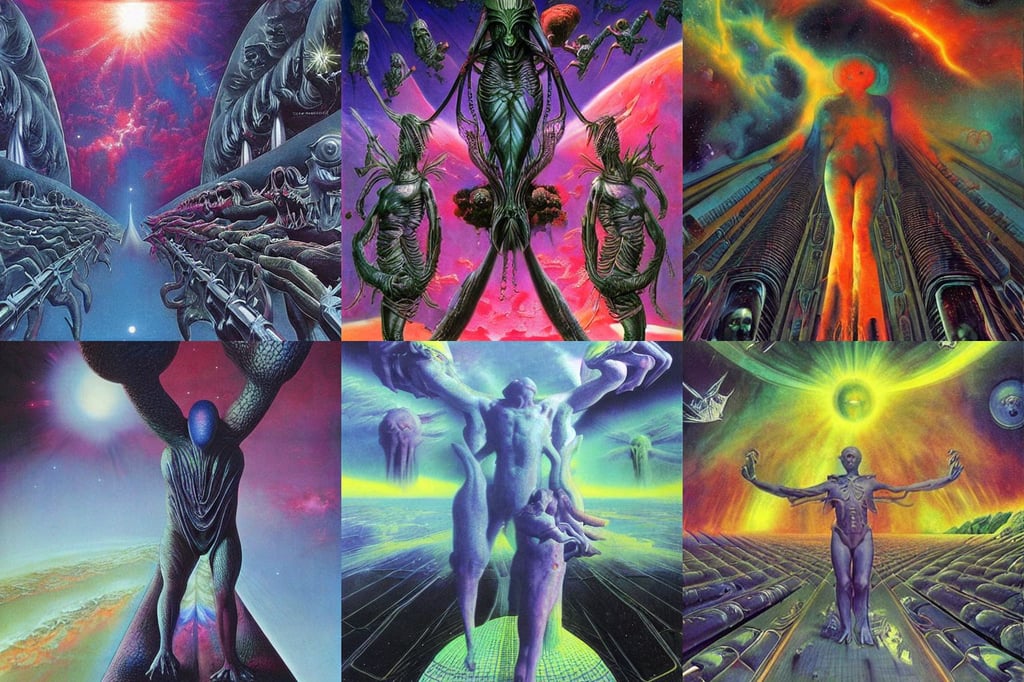 panoramic view, vibrant brilliant nebula, sunny weather, art by hans giger and wayne barlowe, wacky