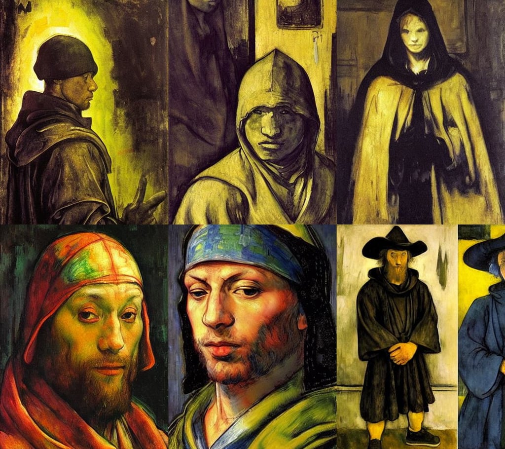 dnd npc mysterious hooded order member, extreme quality, art by Leonardo Da Vinci, art by Rembrandt Van Rijn, real life, magical, black and yellow shinobi shōzoku, portrait by Greg Rutkowski, art by Jean-michel Basquiat, art by Edvard Munch, art by Paul Cézanne, art by Paul Cézanne