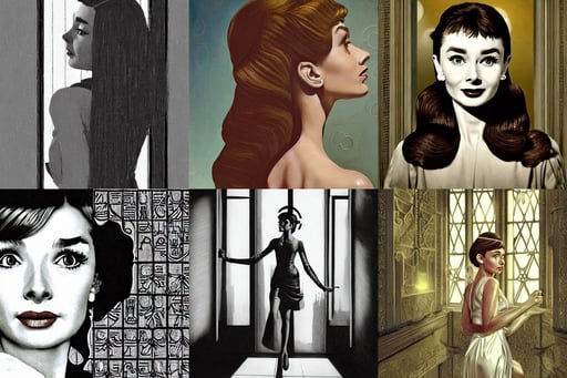 audrey hepburn as gorgeous woman with long wavy brown, ( lights ), a woman looks out a large window to see a bioshock style, interesting angle, 2 0 0 1 a space odyssey concept art, Imogen Poots as a Paladin, louis kahn, bioluminiscent creatures, ( golden ratio ) details, Lightroom, muted, highly detailed egyptian patterns, art style by nixeu, face turnaround