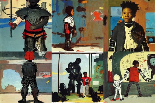 portrait of a young kid looking at an aquarium, Establishing shot, art by Jean-michel Basquiat, art by Winslow Homer, wearing white gothic_plate_armour, tempting, character creation