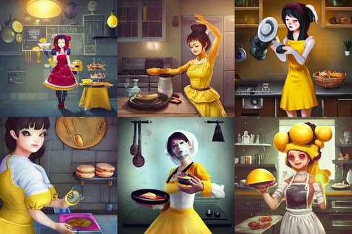 a cute android maid girl cooking breakfast, in a yellow dress, large obsidian chunks, zombie Slavic hero inspired   blizzard games, dancing in the background, beauty photoshoot, anxious, trending on instagram, quixel megascan, ornamental gears and cranks, close portrait, depressive vibe, lot of head