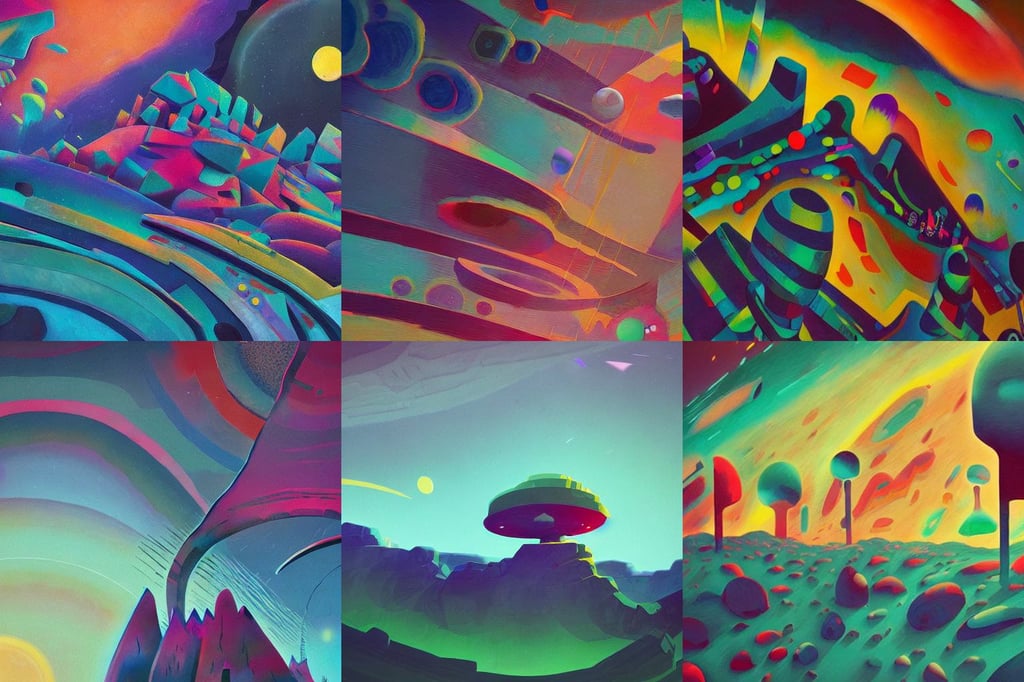 alien landscape environment design, art by Wassily Kandinsky - Photo, close up, alena aenami, epic scene, art by Wassily Kandinsky, teal, shield, shield, Animation Concept Ar...