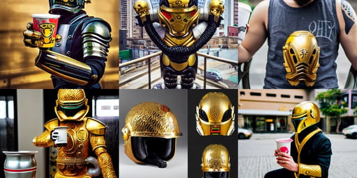 cobra helmet, Gold Armour suit, gta chinatown art style, pro photography by, Behance, holding boba tea drink, by aoshima chiho, by Dan Mumford and Naoto Hattori, carved white marble, by yukito kishiro