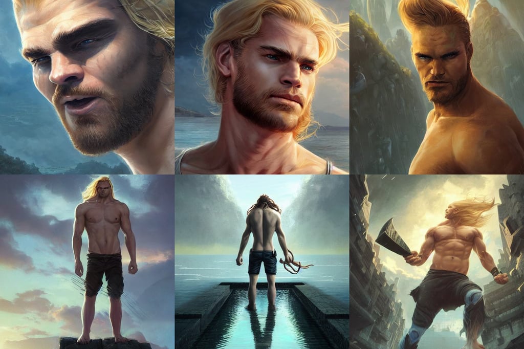 cinematic portrait of angry skaar, ultra high detailed, longer blond hair and a light stubble beard, infinity pool, style by jordan grimmer and greg rutkowski, symmetric eyes