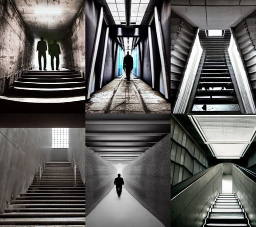 two dark man walking inside futuristic abandoned staircase, multiple eyes