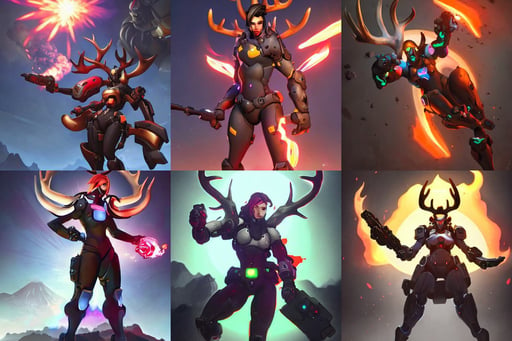 new overwatch character, art by aleksi briclot, Marcin Rubinkowski, munch, deer antlers, in the background is a volcano spewing lava and black smoke, substance, cool pose, black, surrounded by led monitors