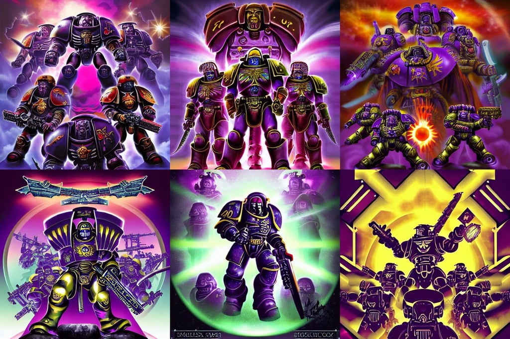 4 0 k space marine, torii, bold lighting, poster art by Anne Stokes, by max chroma, four warriors in the background, vector art, long braided purple hair, multicolored glints, Samurai Helmet