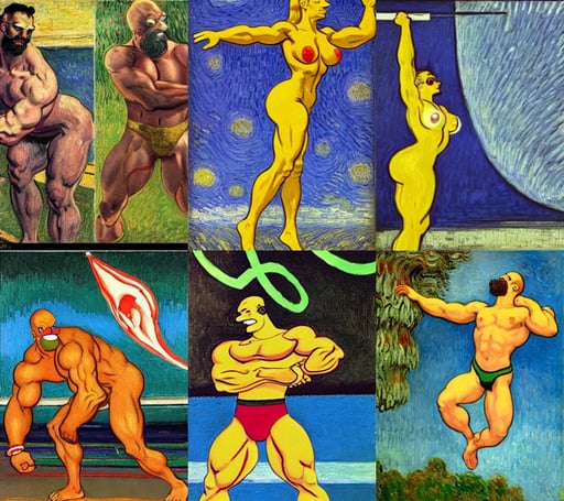 gigachad Homer Simpson bodybuilder fighting like street fighter, art by Claude Monet, art by Vincent Van Gogh, flying through hyperspace, art by Paolo Uccello, opalesence, art by Domenikos Theotokopoulos, hyper-realistic, spectacular, art by William Blake, dressed with white silk with gold ornaments in the edge, art by Tommaso Masaccio