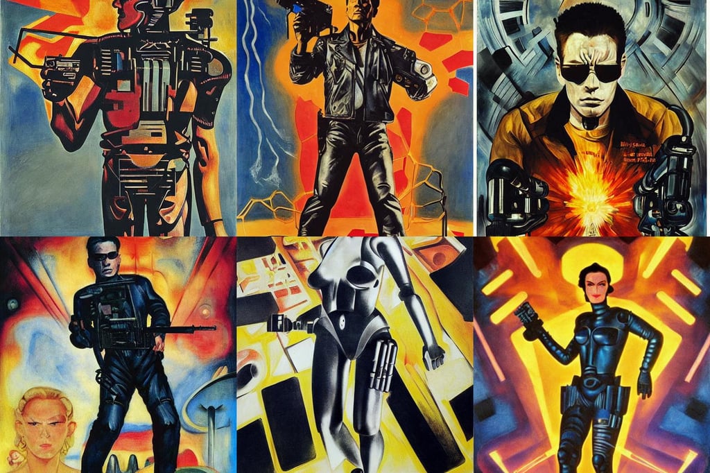 Terminator art deco movie poster, Brian Sum, art by Joseph-mallord William Turner, hive, De-Noise, Wide-angle shot, art by Henri Matisse, art by Magdalena Carmen Frida Kahlo Claderón, voronoi pattern, art by Sir Peter Paul Rubens, art by Hilma Af Klint, art by Eugène Delacroix, levying a path of clouds behind her. Dragon ball z style high detailed anime tv show, adorable, art by Leonardo Da Vinci, Brian Sum, octane render, Bokeh blur, art by Albrecht Dürer, symmetrical face