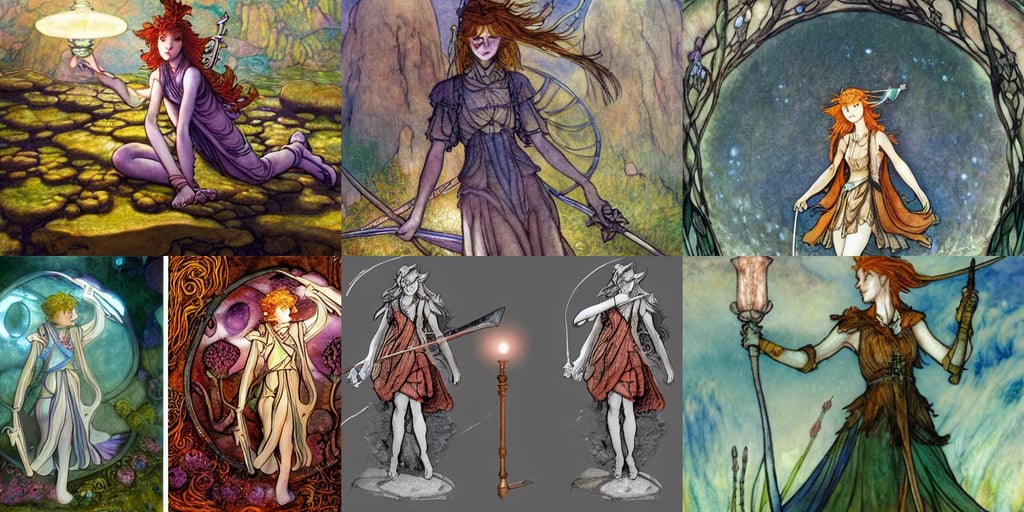 female university student witch, holding a sword, light being, powerfull, in an ancient alien planet covered in coloful coral reefs on the ground, hourglass volumetric lighting, ginger, hills, extremely detailed. painting by Arthur Rackham, feet, Hatsune miku by artgerm, in the style of louis comfort tiffany, rococo details, skull on vest, female - looking, animal drawing, yakuza, clouds and wind