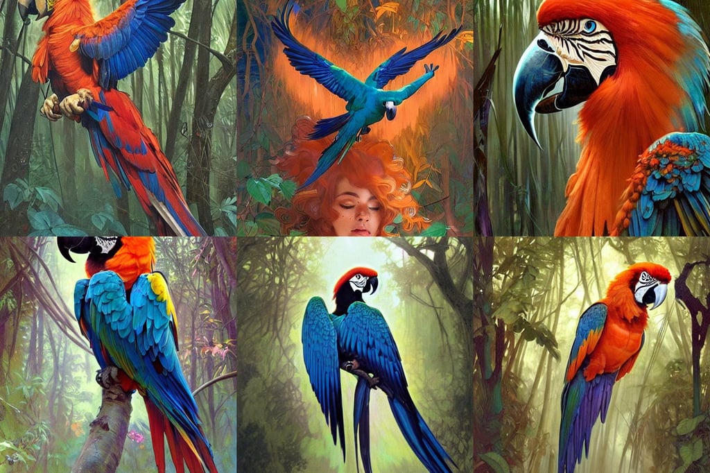 “a beautiful hologram of a psychedelic macaw flying through the forest, the god of bravery. portrait painting by artgerm and greg rutkowski and alphonse mucha, a sci-fi digital painting by Greg Rutkowski and James Gurney, f 1. 2, perfect face orange hair, for AAA game, the black cat is made out of mechanical robotic parts with wires, opal, with black hair, DoF, illustration art by Sam Yang, face-on head shot, vhs monster high, very detailed. artwork by artgerm, vintage colors