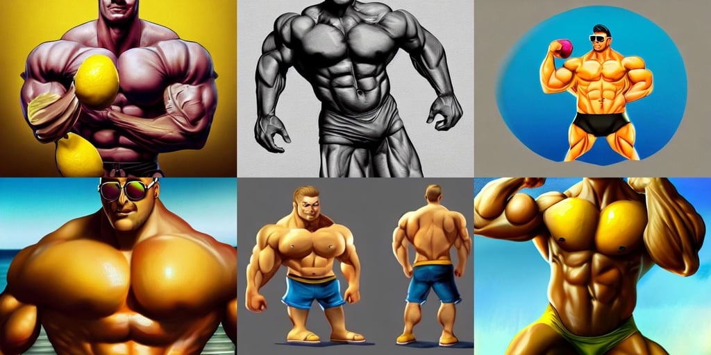 an extremely muscular man as a lemon fruit with sunglasses lying on a beach trending on artstation