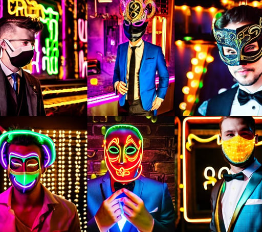 a handsome man wearing an elaborate masquerade mask and formalwear, neon bar lights