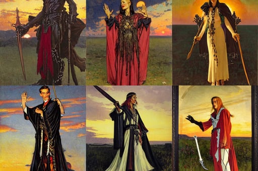 a sunset by frederick waugh, neogothic, with evil eyes and long scary hands in the background, high-definition, ornate royal robes, fashion art, Sephiroth as elf ranger, leds, norman rockwell