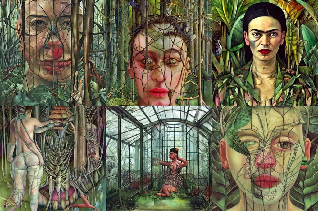 surreal magical Art Deco isometric forestpunk glasshouse, art by Jenny Saville, art by Magdalena Carmen Frida Kahlo Claderón, horror, grunge