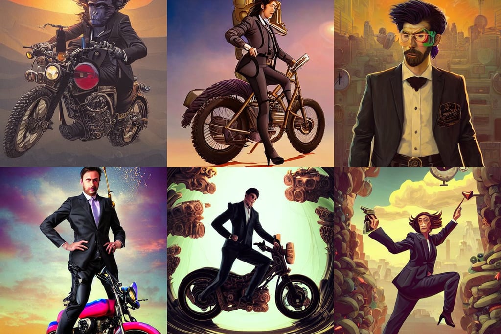 portrait of a professional monkey!!!!!!! in a suit, 70mm photography, 3-D 4k, future pixels, lily petals, concert poster, greek god ares by josan gonzalez, characters, post - processing, world renowned artists, mad painting, about an adventurer girl riding a steampunk motorcycle on a desert, black shadow level, dramatic cinematic background, penup, cinematic