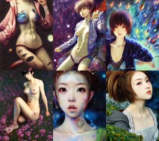 her name is Chie, photorealistic cinematic hyper-detailed, galaxies exploding, black grass, deviantart, quality render style of Masamune Shirow and Tsuaii, biomorphic, raphaelites, moon, galaxies exploding, art by Jenny Saville, photo, art by Raffaello Sanzio, photorealistic, art by Henri Matisse