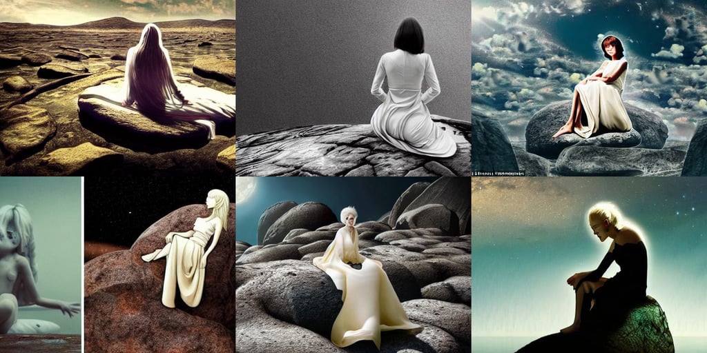 A lonely woman sitting on a rock floating in space, Rob Rey and Kentarõ Miura style, in the style of David cronenberg, wearing stunning ivory dress