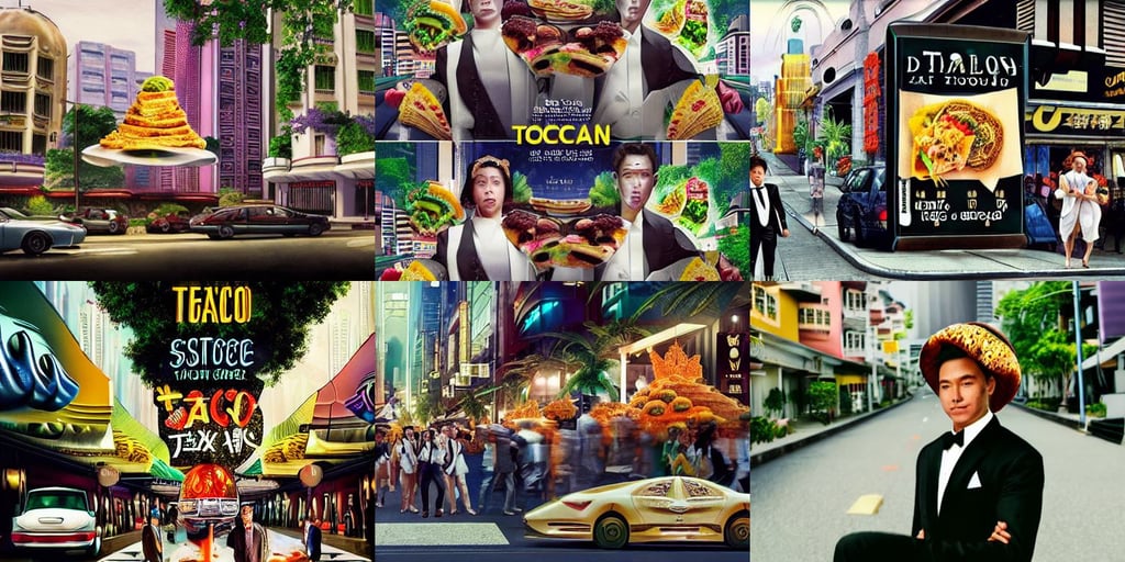 luxurious futuristic Singaporean street with advanced civilization, culinary photography of a delicious taco in a tuxedo, midsommar, dylan cole, 1997, face, movie poster, costume concept art