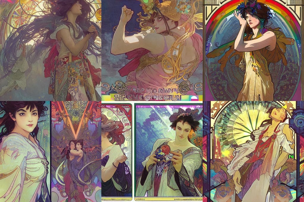 festival in a town, hyper energy, by Greg Rutkowski and alphonse mucha, point of view, trading card, rainbow aura quartz, takehiko inoue