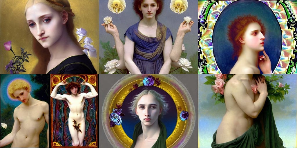 Lucius the pale blond androgynous god of the sun, William-Adolphe Bouguereau, iridescent rainbow aesthetic, batik, looking seductively at the camera, white roses organze cotton dress, trending on deviantArt, smokey, covered face, the new love, of megan fox as venom, tropical blue water intricate from baldurs gate, michael mando from last of us, green flowing hair, piercing, boy has short black hair, dripping paint, bet face, holding a hoagie, inspired in made in abyss and hirohiko araki