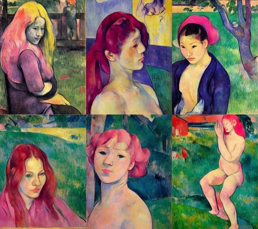 a beautiful girl with pink hair, art by Paul Gauguin, CHINESE ink, Animation Concep..., art by Edvard Munch, art by Paul Cézanne, intelligent, volumetric light, art by Jenny Saville, art by Caspar David Friedrich, alena aenami, house crest, art by Gerhard Richter, art by Wassily Kandinsky - Photo, art by Andrea Mantegna, art by Francis Bacon, by tsutomu nihei