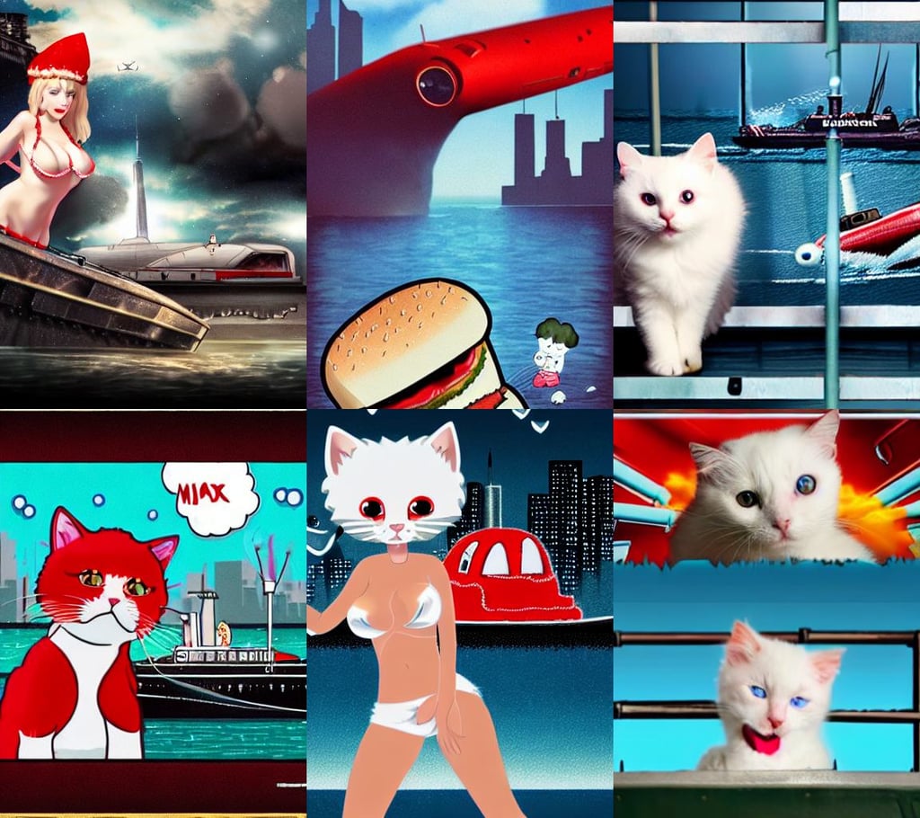 small innocent white fluffy cat, red bra, tounge out, highly detailed hamburger, attacked submarine in background. dark, huge gate, matrix theme, blue eye, long exposure of new york traffic, scar on face