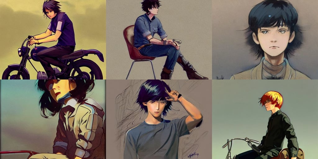 ( ( ( ( ( classic vintage motorcycle, opalescent, muted color, wind-like hair, vibrant cartoon art, drawn by ilya kuvshinov., sitting on a lap. By Greg Rutkowski, hunting, wearing dress, mochiduki key gainax, a young man with black hair, round cute head, leather boots. Character design by charlie bowater, Sanrio inspired. Beautiful artwork, by francisco goya