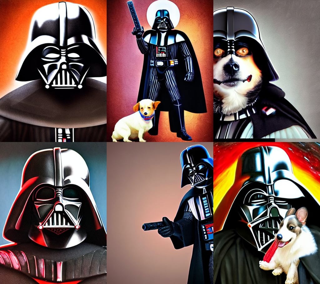 darth - vader!!! portrait shot of white!! darth vader wearing a cowboy hat, high details!, ruggedly handsome bearded man holding corgi dog, full length, colorful prince, ornate filigree armor, wally wood, out of focus background, detailed eyes, electrical arcs