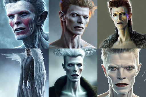 portrait of a frozen giant monster, angel wings on back, humble, detailed character portrait!!! concept art, portrait of david bowie stands before the labyrinth, soft skin, by cedric peyravernay and feng zhu