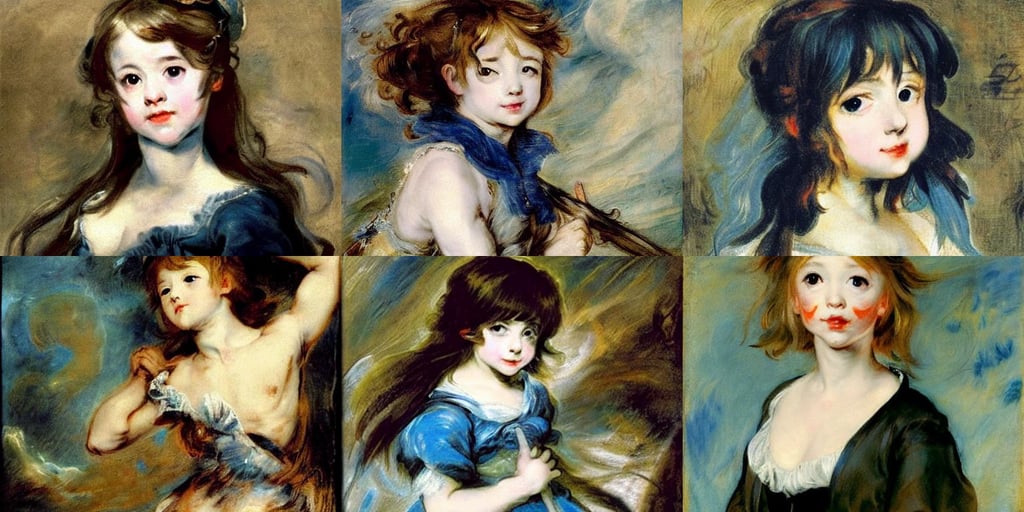 Cute small anime girl with pale blue long hair, art by Sir Peter Paul Rubens, art by Jackson Pollock