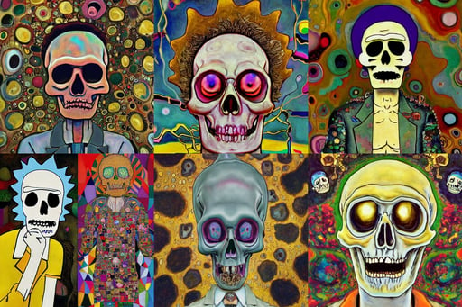 skull rick and morty style, hyper-realistic, art by Gustav Klimt, shiny beautiful eyes beautiful face, art by Andrea Mantegna, goodness, 35mm octane render, art by Wassily Kandinsky - Photo, art by Gerhard Richter, pixar style, art by Giotto Di Bondone, by Wētā FX