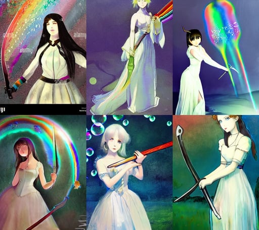 portrait girl in elegant white dress holding a sword, illstration, by levitan, cottagecore!!, rainbow bubbles, bleak, anime, frostbite 3 rendered