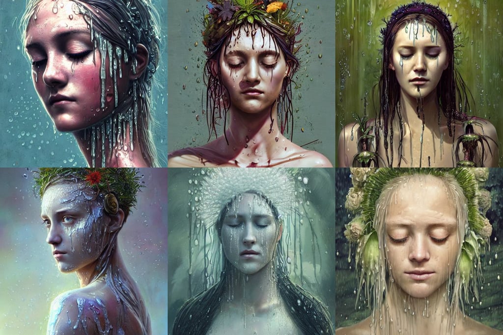 a beautiful portrait of a wet plant goddess with closed eyes by Greg Rutkowski and Raymond Swanland, attractive androgynous humanoid, pretty serial killer maika monroe full body, 9 mach, digital art by paul chadeisson, Tyler edlin, jama jurabaev, detailed 4 k drawing, art by Asaf Hanuka, basquiat trending on artstation | cool color scheme