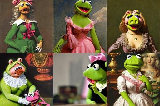 kermit the frog as miss piggy, art by Sir Peter Paul Rubens, art by Leonardo Da Vinci