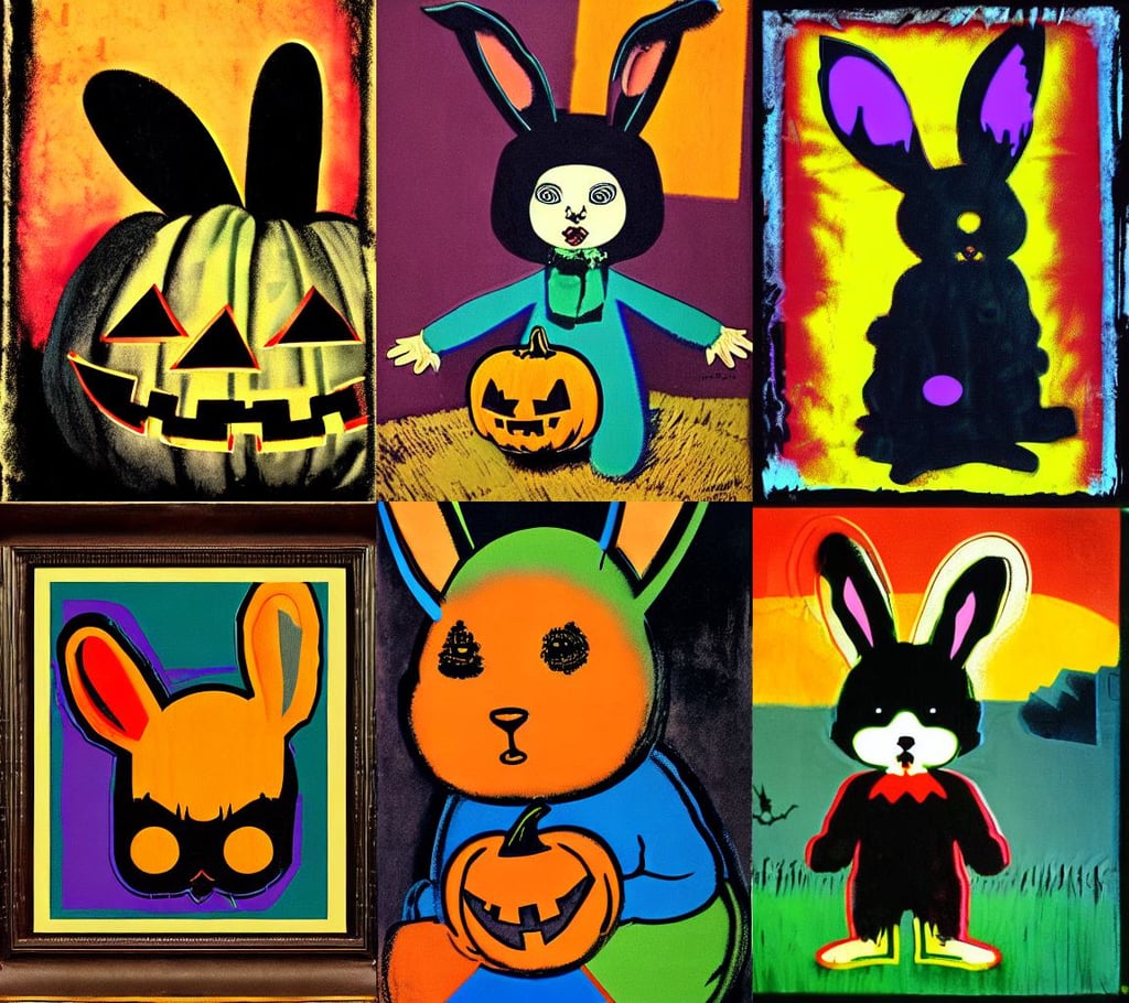 Halloween Bunny. Cinematic. Apocalyptic. Sinister, art by Andy Warhol, Ultra-HD, cute, art by Paul Gauguin, photo