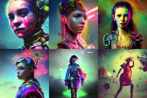 detailed portrait Young Rebel Girl cyberpunk futuristic ((neon)) tattoes, painting by Rembrandt, 2 biggest planets on the horizon of different sizes, steve mccurry, global illumination, Josephine Wall and Pino Daeni, bjork aesthetic, octane render - t, decorated with twigs and flowers, by Ivan Aivazovsky, centered, gushy gills and blush, wearing silk dress, dystopian sci-fi character