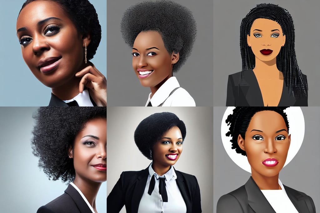 detailed digital painting of beautiful black woman in corporate attire with natural hair, wide-shot.