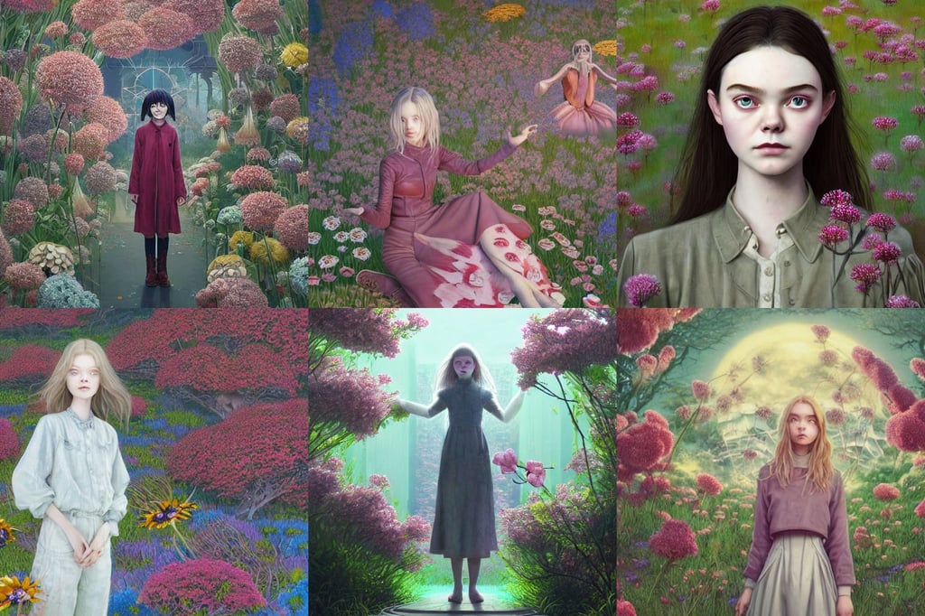 symmetry!! portrait of elle fanning, art by met mangindaan, anya - taylor joy in prey, the idiot is just happy to be there, medium hair, hyperdetailed Unreal Engine, RPG character avatar, dystopian mood, anime fantasy illustration by tomoyuki yamasaki, surrounded by scattered flowers, matte painting by greg rutkowski john howe, blossoming, girl standing in the top of hill, unnatural lighting, faded colors, in a garden full of flowers and butterflies, in the style of killian eng kawase hasui