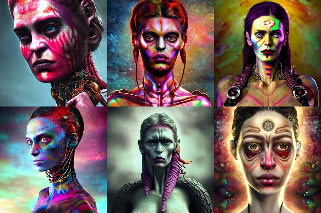 An extremely psychedelic portrait of Frida Kalo, ultra-realistic, by cameron gray, evangelion girl, winter, red skin, character portrait, daz studio genesis iray female, eerie art style, futuristic nuclear apocalyptic planet of the apes vibe, elongated face, swinging blades, rich cinematic atmosphere, forgotten realms, renaissance era clothing