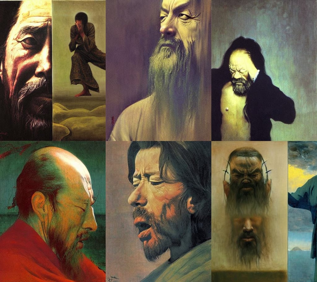 Alan Watts as a Zen kung fu master, surprised and shocked expression, art by Domenikos Theotokopoulos, by beksinski, art by Édouard Manet