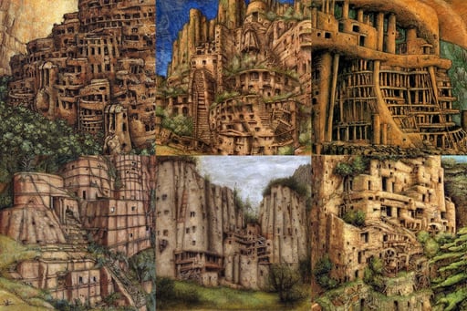 steampunk and forestpunk cliff dwellings, art by Tommaso Masaccio