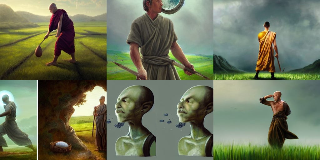 a man tiptoeing through an endless field of eggshells, rpg reference, by harles sillem lidderdale, light green tone beautiful face in open field, greg olsen, old masters, intricate concept art painting, Concept art of a waterbender monk, head and shoulder shot, body and headshot, epic vista