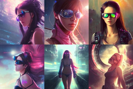 an anime girl with long hair and pink eyes, energy flows of fire and water, dimly lit foggy atmosphere, closeup portrait of a young beautiful female cyberpunk mercenary with sunglasses, space ship nearby, realistic shaded lighting poster by greg rutkowski, thomas kinkade, comedic scene