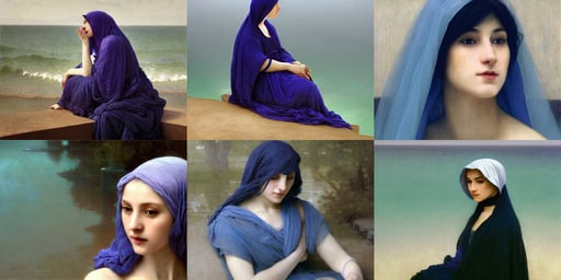 a woman with blue hair sitting in the water, deep purple veil, 24MP, by ruan jia and mandy jurgens and william - adolphe bouguereau, dieter rams, 1 6 k resolution, ukrainian architecture