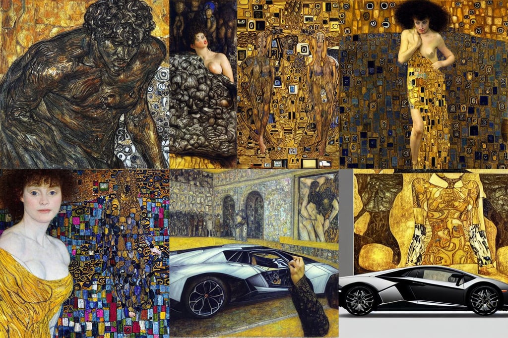 a Lamborghini designed by Rodin, art by Gustav Klimt, movie scene, art by Rembrandt Van Rijn, spreading wings, black, row of teeth, art by Jan Van Eyck