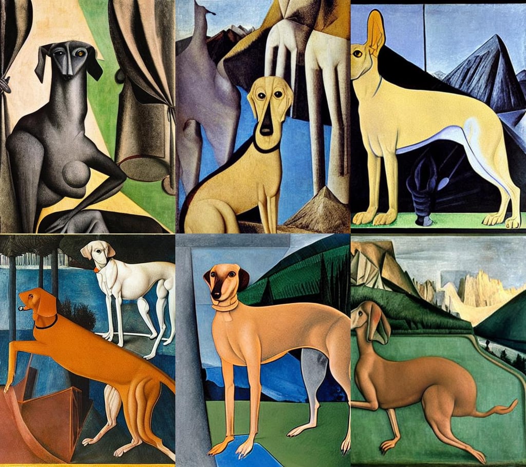 Marcel Duchamp style Greyhound readymade, Set in the Rocky Mountains, art by Sandro Botticelli, art by Pablo Picasso, real life, art deco, art by Andy Warhol, granblue fantasy, art by Albrecht Dürer