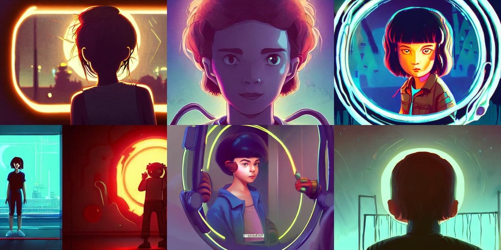 lofi monkey in front of a mirror, stranger things style, big glowing eyes, from Treasure Planet, brilliant daylight vr os ui, naval background, detailed character portrait concept illustration, Stephen Lau and artgerm, cell-shaded, synthwave long blade runner city, ringlet hair by atey ghailan